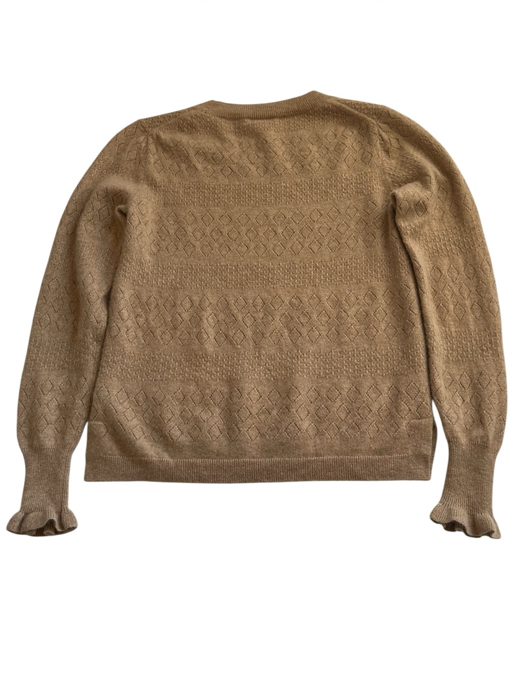 J.Crew 100% Cashmere Camel Pointelle Diamond Knit Ruffle Cuff Sweater S - Picture 3 of 11